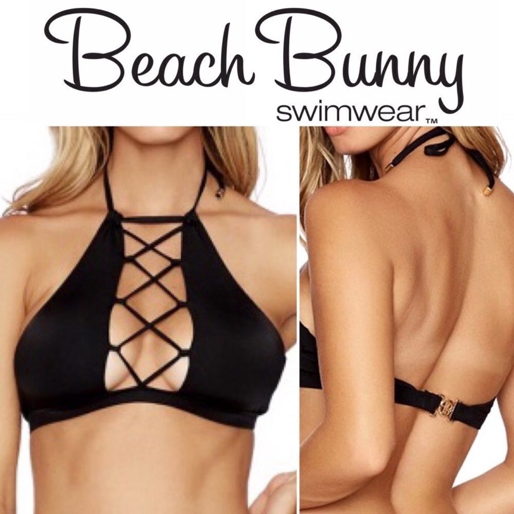 Beach Bunny Black Reese High Neck Halter Strappy Front Bikini Top Size Medium